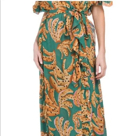 FARM RIO Dress. Green Raining Bananas Maxi Wrap Dress, Size XS, New - Picture 5 of 7